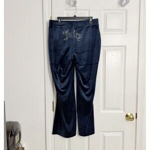 Juicy Couture Navy Blue Classic Velour Rhinestone Bling Tracksuit pants Size L